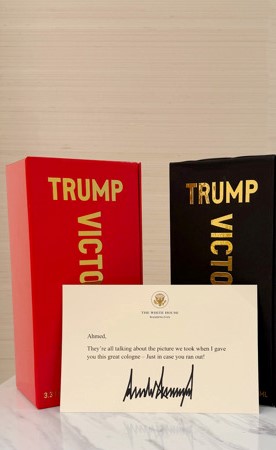 الشرع يشكر ترامب على إهدائه عبوتين من عطره «Trump Victory»: بعض اللقاءات تترك أثراً