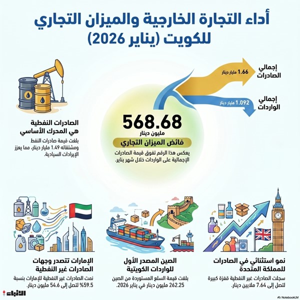 568.68 مليون دينار فائض الميزان التجاري للكويت