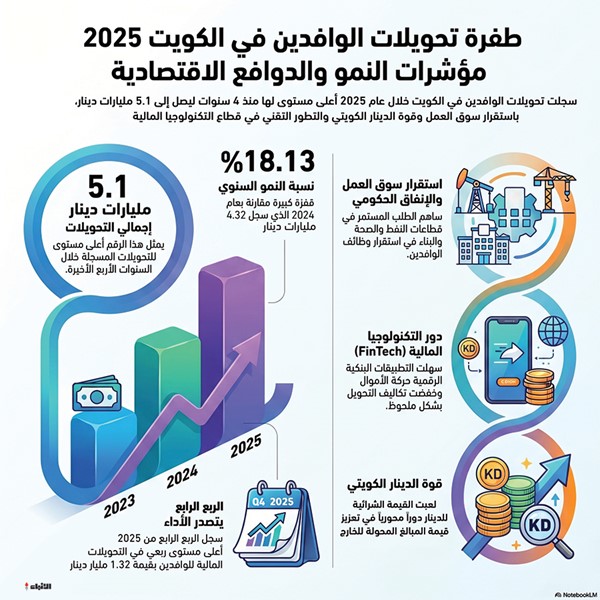 5.1 مليارات دينار تحويلات الوافدين في 2025.. أعلى مستوى في 4 سنوات