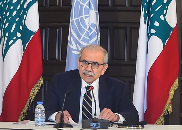 رئيس الحكومة نواف سلام متحدثا في مؤتمر إطلاق النداء الإنساني العاجل الثاني من السرايا