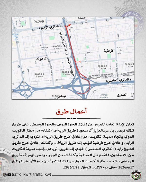 «المرور»: إغلاق حارتين ومخارج رئيسية على طريق الرياض للقادم من المطار باتجاه الكويت