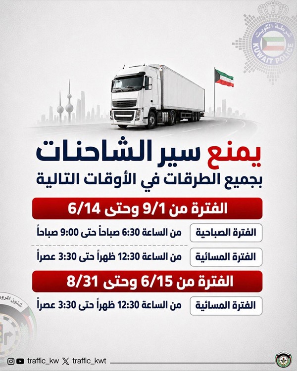 «المرور»: استمرار منع سير الشاحنات من 12:30 ظهراً إلى 3:30 عصراً حتى 31 أغسطس