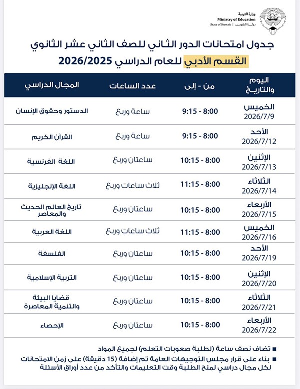 «التربية» تعتمد جداول امتحانات الدور الثاني لطلبة الثانوية العامة