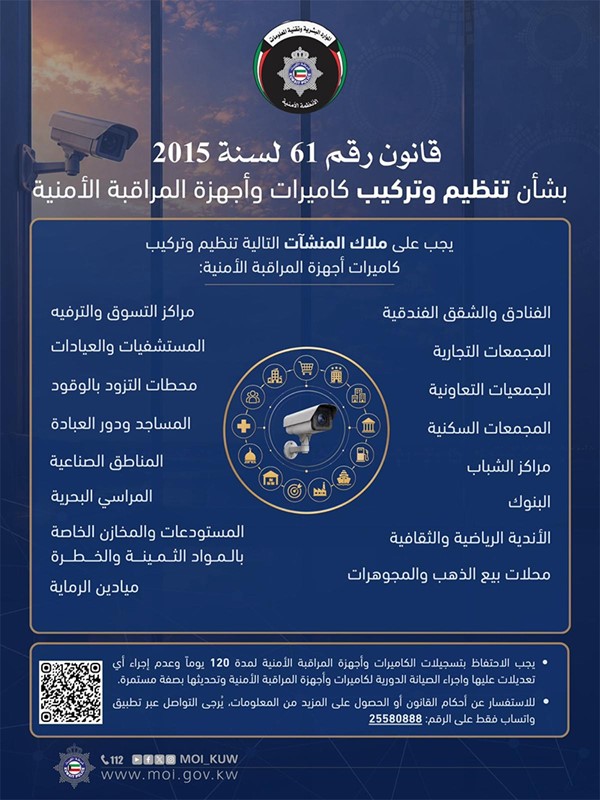"الداخلية" تذكّر بضرورة تركيب كاميرات المراقبة والاحتفاظ بالتسجيلات لمدة 120 يوماً