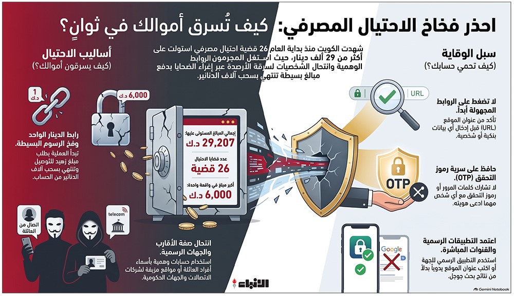 29 ألف دينار حصيلة 26 عملية احتيال مصرفي بروابط مزيفة أحيلت للنيابة التجارية خلال العام الحالي حتى الآن