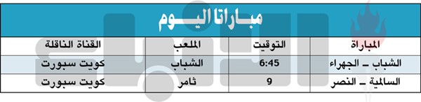 الشباب يلتقي الجهراء.. والسالمية يواجه النصر