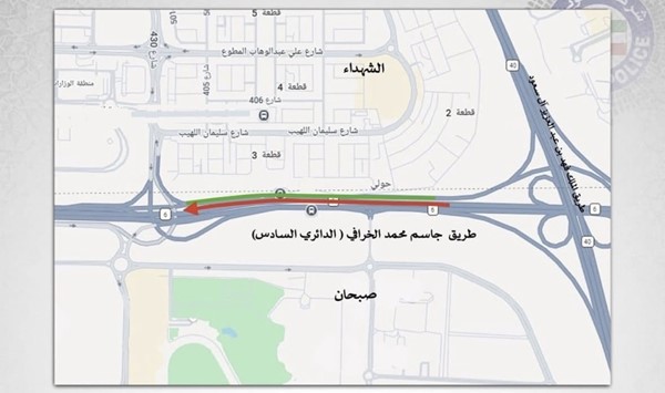 إغلاق جزئي للدائري السادس مقابل منطقة الشهداء باتجاه الجهراء حتى الأحد 30 الجاري
