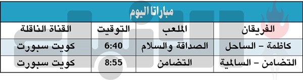 كاظمة يستضيف الساحل.. والتضامن يواجه السالمية