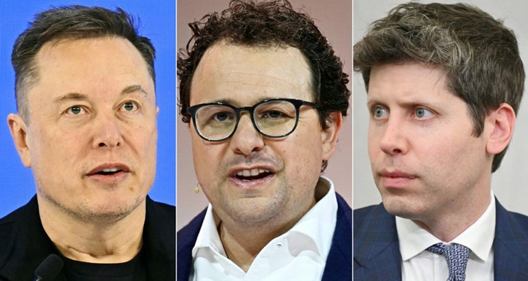 صورة مجمعة تظهر رئيس انثروبيك داريو امودي متوسطا الرئيس التنفيذي لـاوبن ايه اي سام التمان والملياردير ايلون ماسك