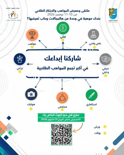 جامعة الكويت تفتح باب التسجيل في ملتقى المواهب والابتكار الطلابي وتدعو الطلبة للمشاركة