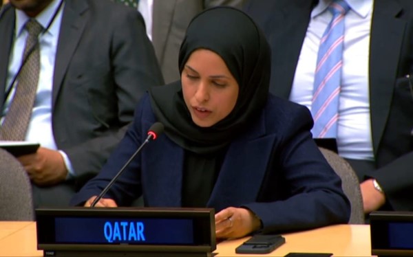 مندوبة قطر الدائمة لدى الأمم المتحدة علياء أحمد بن سيف آل ثاني متحدثة أمام اجتماع المناقشة المفتوحة لمجلس الأمن