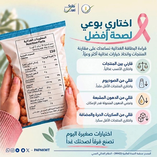 «الغذاء» تدعو إلى قراءة البطاقة الغذائية واختيار بدائل صحية لتعزيز جودة الحياة